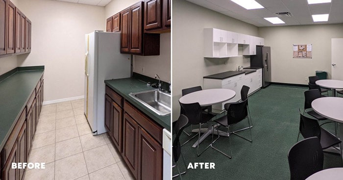 قبل و بعد بازسازی آشپزخانه شرکت