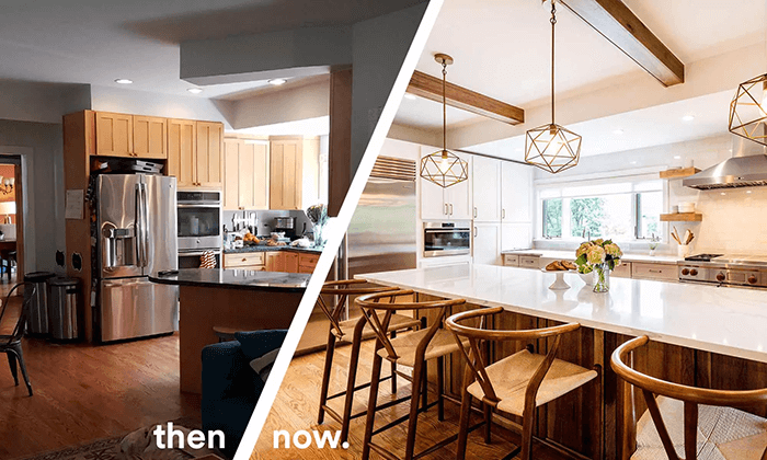 قبل و بعید بازسازی و طراحی داخلی آشپزخانه بزرگ